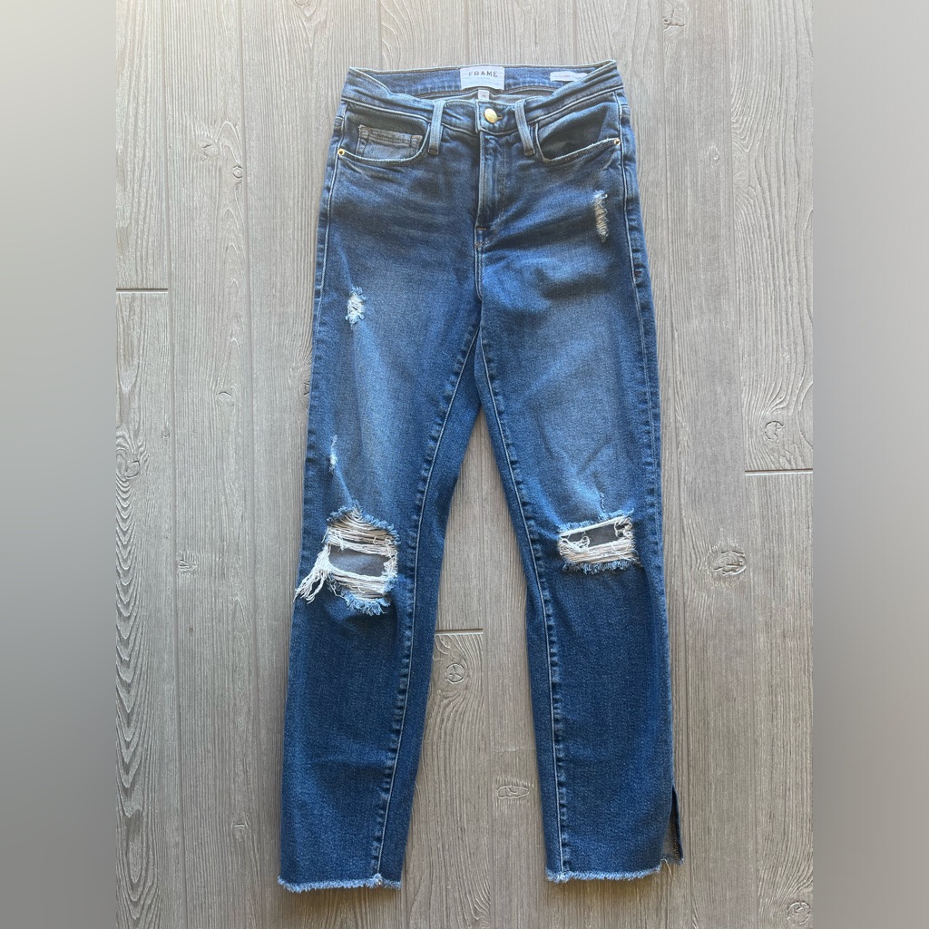 Frame Le Nouveau Straight Jeans Size 25 Distressed Raw Hem Split Ankle